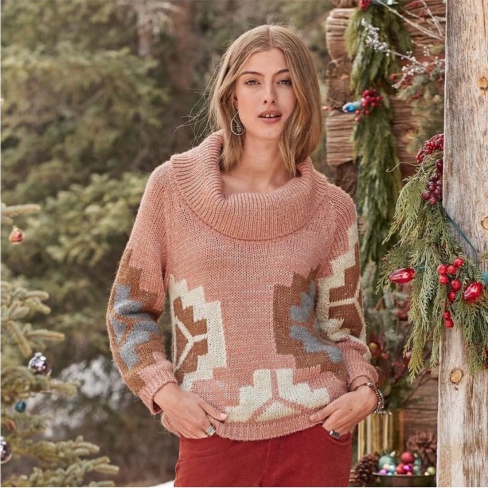 Sundance | Women’s Salmon/Multi Elegant Tundra Cozy Knit Cowl Neck Sweater Sz XS